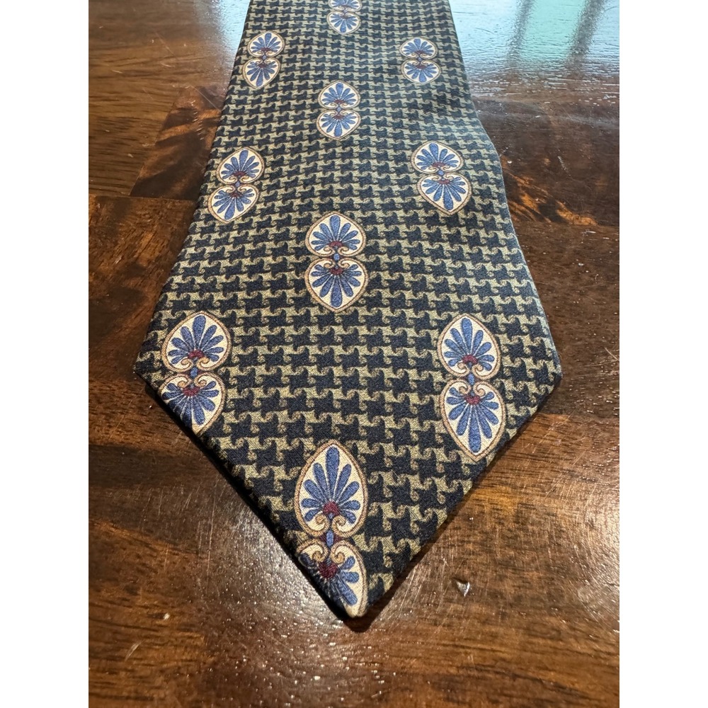 Haggar Clothing Co Mens Tie Olive Green Houndstooth Blue Floral Medallion Silk